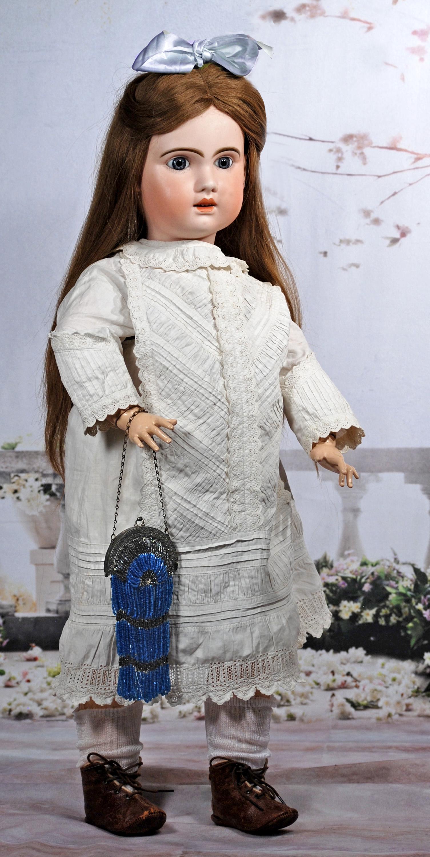 FRENCH BISQUE BEBE 1907 BY JUMEAU: FRENCH BISQUE BEBE 1907 BY JUMEAU. 29”. Marks: 1907/ 14. Bisque socket head, blue paperweight eyes, painted lashes, eyeliner, feathered and brushstroked brows, pierced ears, open mouth, shaded and a