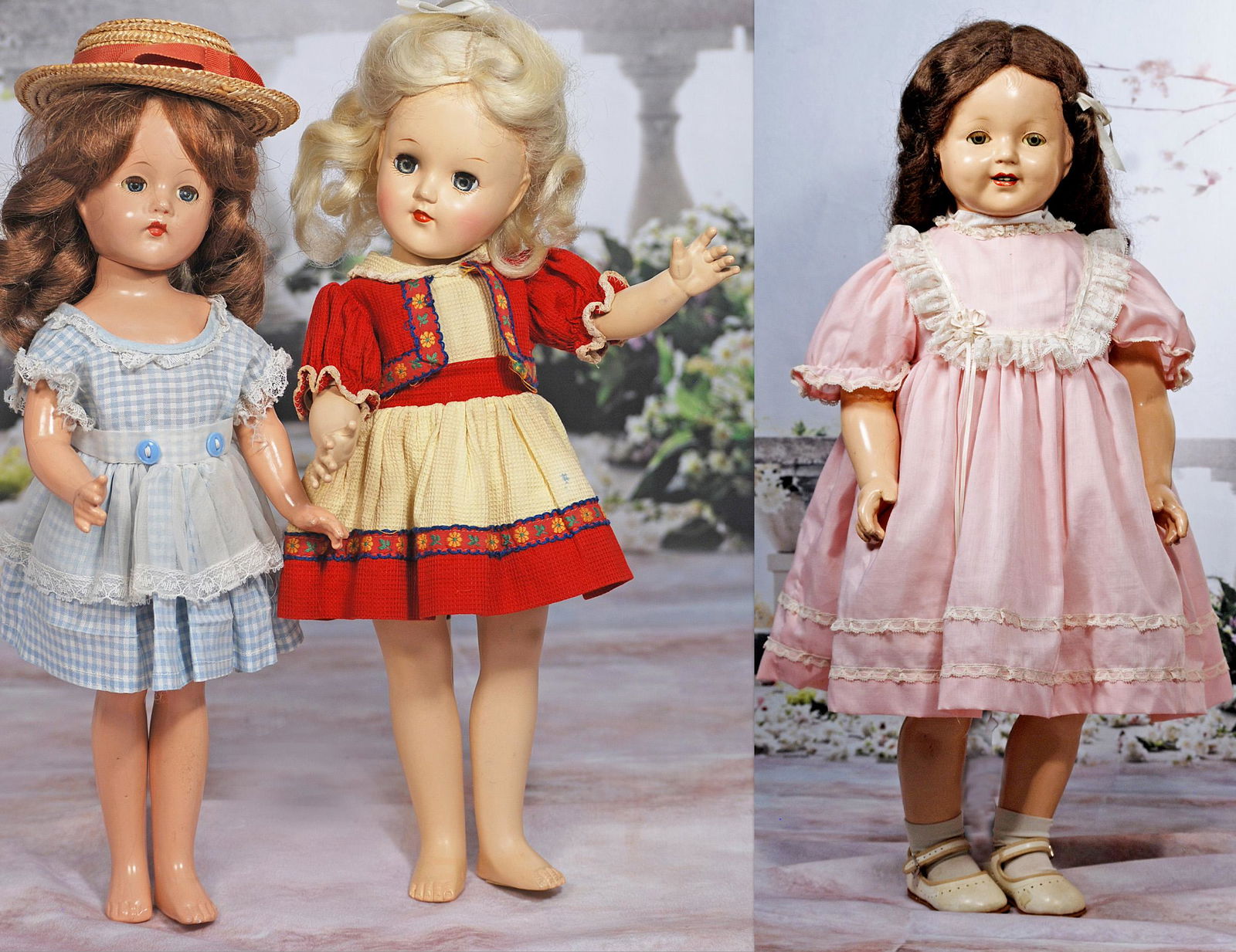 THREE DOLLS – EFFANBEE SUZANNE, MARILEE, AND IDEAL TONI: THREE DOLLS – EFFANBEE SUZANNE, MARILEE, AND IDEAL TONI. (1)14" Effanbee Suzanne with composition socket head on five-piece jointed body, sleep eyes, closed mouth, brown wig, redressed, no shoes. (2