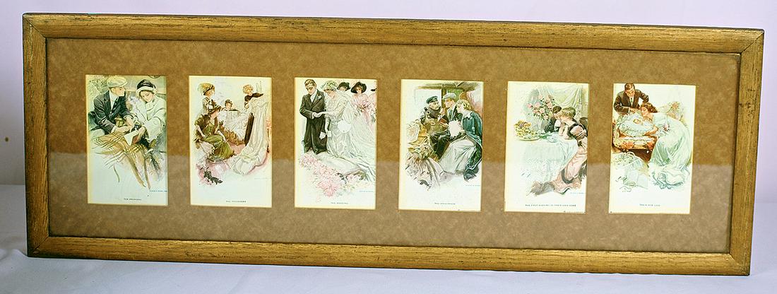 FRAMED HARRISON FISHER POSTCARD PRINTS: FRAMED HARRISON FISHER POSTCARD PRINTS. 27 ½” x 9 ½”. Vintage Harrison Fisher postcard prints under glass in original frame depict the "Greatest Moments in a Girl's Life":The Proposal, The Trous