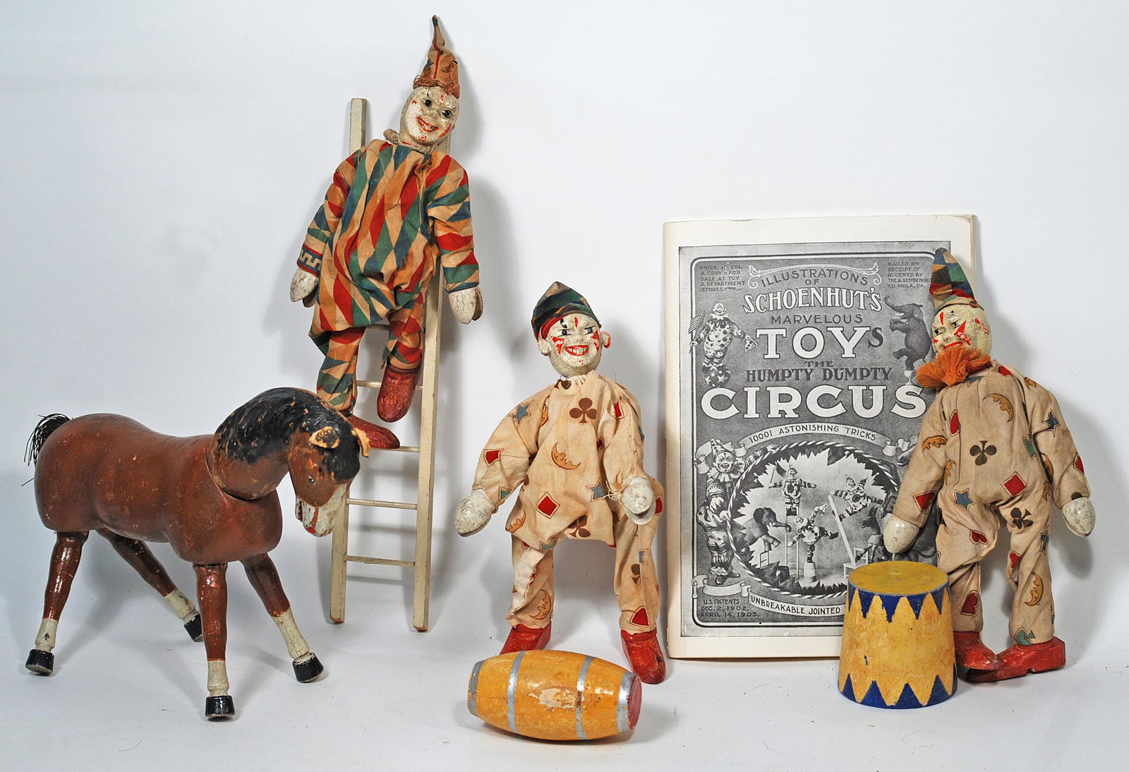 SCHOENHUT CIRCUS CLOWNS, HORSE AND ACCESSORIES (1 of 1)