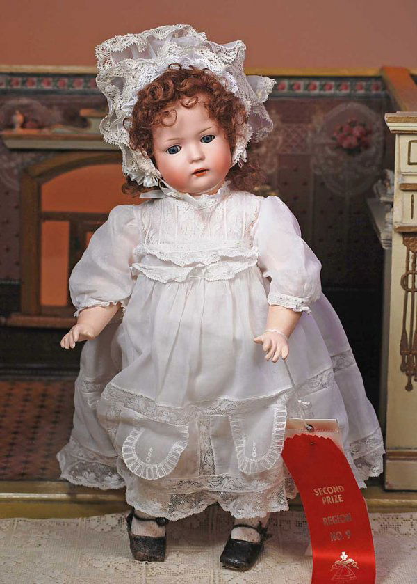 GERMAN BISQUE CHARACTER TODDLER BY BRUNO SCHMIDT.: GERMAN BISQUE CHARACTER TODDLER BY BRUNO SCHMIDT. Marks: BSW/ 2072. 16". Bisque socket head, blue sleep eyes, painted lashes, feathered brows, open mouth, shaded and accented lips, two upper teeth, br