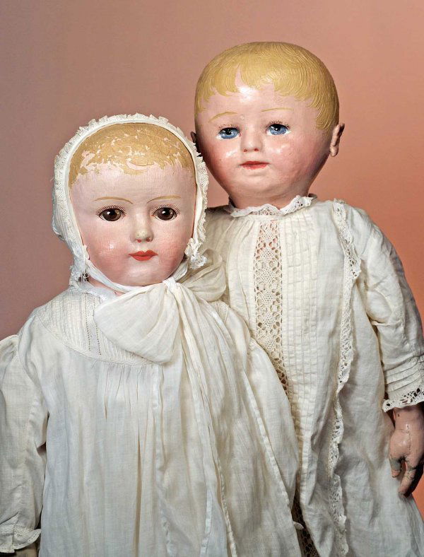AMERICAN CLOTH DOLL BY MARTHA CHASE. 24". Cloth: AMERICAN CLOTH DOLL BY MARTHA CHASE. 24". Cloth doll with stockinette pressed and oil-painted head and body, applied ears, stitched joints at shoulders, elbows, hips and knees, painted blonde hair, pa