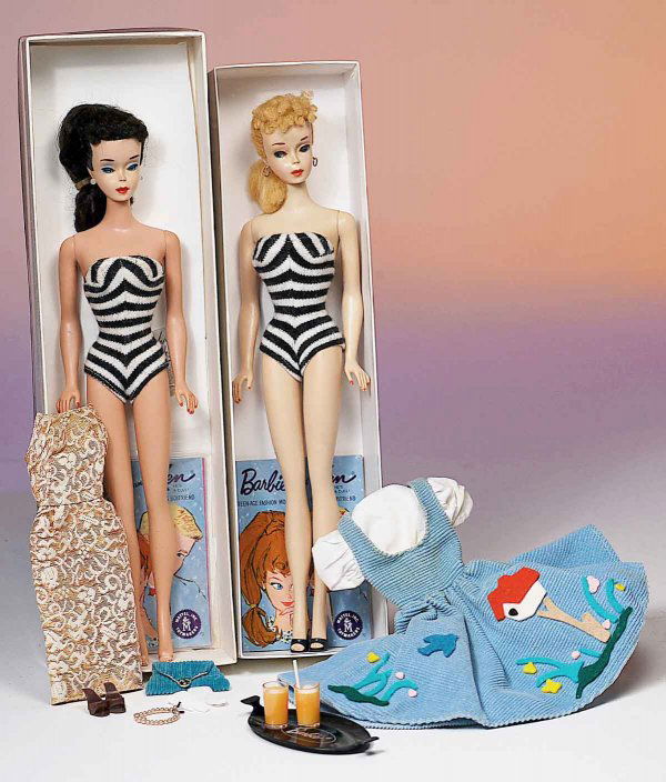MATTEL BARBIE #3 WITH "GOLDEN GIRL" COSTUME. 11 ½: MATTEL BARBIE #3 WITH "GOLDEN GIRL" COSTUME. 11 ½". Hard plastic teen fashion doll, rooted black hair in ponytail, curly bangs, blue eyes, ruby red lips and nail color, black and white swim suit, rep