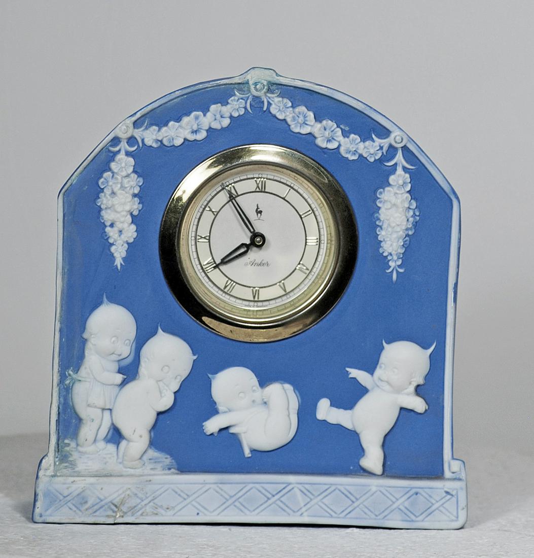 BLUE JASPERWARE KEWPIE CLOCK. (1 of 1)