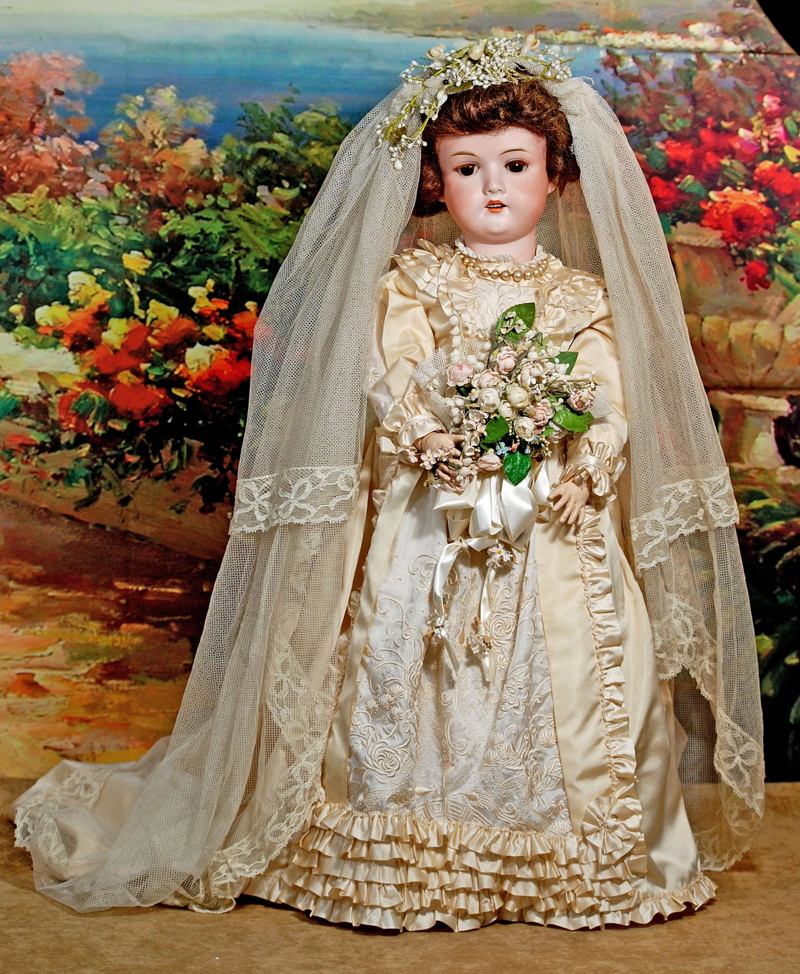 GERMAN BISQUE DOLL BY OTTO JAGER: GERMAN BISQUE DOLL BY OTTO JAGER. 25". Marks: Made in Germany, Otto Jager, Freiderickroda 890/ 7 1/2. Bisque socket head, brown sleep eyes, painted lower lashes, applied upper lashes, feathered brows,