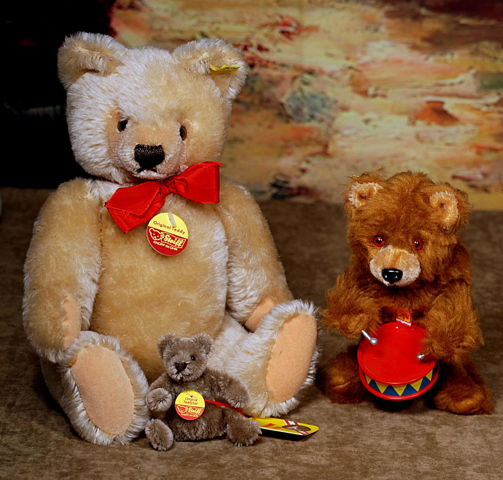 TWO STIEFF TEDDY BEARS & CARL KEY-WIND BEAR WITH DRUM (1 of 1)