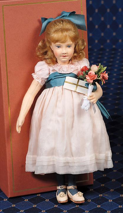 R. JOHN WRIGHT "ABIGAIL" CABINET SIZE DOLL FOR THE: R. JOHN WRIGHT "ABIGAIL" CABINET SIZE DOLL FOR THE UFDC 2008 CONFERENCE. 11 ½". all-wool felt and fully jointed, delicately hand painted features and a hand-knotted wig of fine imported mohair. costu
