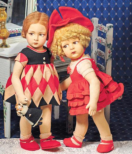 LENCI SERIES 110 FELT CHARACTER DOLL - ALL-ORIGIN: LENCI SERIES 110 FELT CHARACTER DOLL - ALL-ORIGINAL. 18". Marks: Original Lenci cardboard tag sewn inside back of skirt (#110, pat. Sept. 8, 1921). Felt swivel head with mask pressed and painted facia