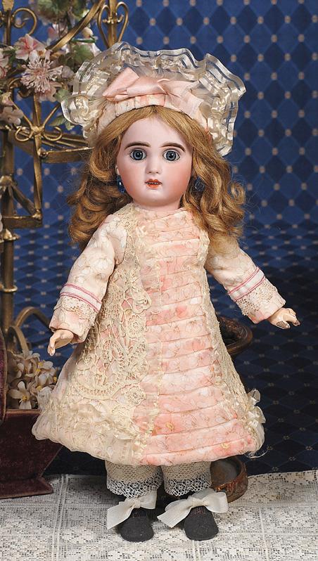 LOVELY CABINET-SIZE JUMEAU FRENCH BISQUE BEBE. M: LOVELY CABINET-SIZE JUMEAU FRENCH BISQUE BEBE. Marks: Tete Jumeau (red stamp); 5(incised). 14 ½". Bisque socket head, blue paperweight eyes, painted lashes, eyeliner, feathered and brushstroked brows
