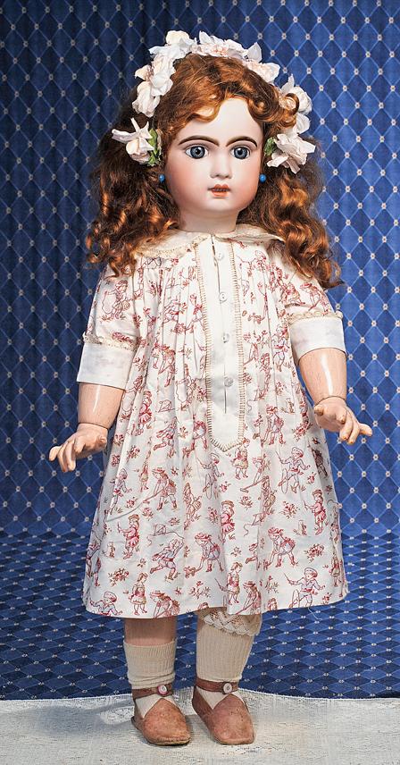 VERY BEAUTIFUL LARGE BEBE JUMEAU. Marks: 12. 2: VERY BEAUTIFUL LARGE BEBE JUMEAU. Marks: 12. 27". Bisque socket head, blue paperweight eyes, painted lashes, dark eyeliner, feathered and brushstroked brows, pierced ears, open mouth, shaded and accen