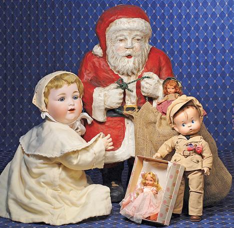 LARGE GERMAN PAPIER MACHE SANTA CLAUS. 26". Mol: LARGE GERMAN PAPIER MACHE SANTA CLAUS. 26". Molded one-piece papier mache figure has painted features, hair, mustache and beard, red and white suit with black belt and boots, holds burlap toy sack. Co