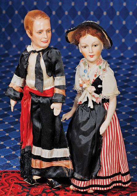 CELEBRITY PORTRAIT DOLLS "NELSON EDDY & JEANETTE : CELEBRITY PORTRAIT DOLLS "NELSON EDDY & JEANETTE MAC DONALD". 13". Each has composition-type swivel head on slender cloth body (Jeanette has composition arms), painted features, outlined brown eyes wi
