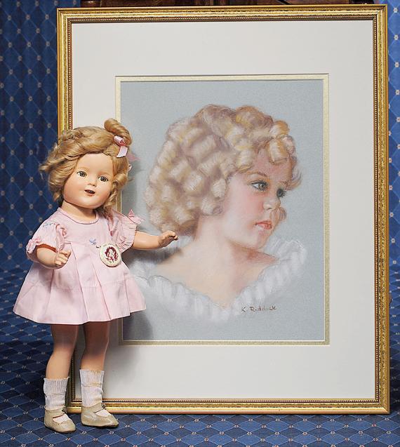 ALL-ORIGINAL IDEAL SHIRLEY TEMPLE COMPOSITION DOLL: ALL-ORIGINAL IDEAL SHIRLEY TEMPLE COMPOSITION DOLL IN "CURLY TOP" DRESS. Marks: Shirley Temple Copr. Ideal N & T (head) 16 Shirley Temple(body). 16". Composition socket head on five-piece jointed body