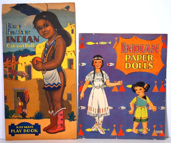 TWO INDIAN PAPER DOLL BOOKS BY SAALFIELD AND LOW: TWO INDIAN PAPER DOLL BOOKS BY SAALFIELD AND LOWE. "Blue Feather" girl on front and "Silver Cloud" boy on back . Kay May's Play Book by Samuel Lowe ; eight pages of clothing with descriptive detail; "