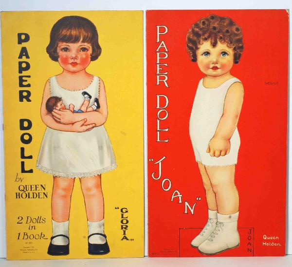 TWO QUEEN HOLDEN PAPER DOLLS – "GLORIA & SONNY": TWO QUEEN HOLDEN PAPER DOLLS – "GLORIA & SONNY" & "JOAN & BOBBY". 17 ½" x 9 ¾". Each features two punch-out dolls with stand, six pages of costumes, book #W907 circa 1928 and book #W911 circa 1930