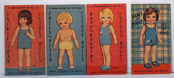 FOUR BOOKS OF QUEEN HOLDEN CUT-OUT DOLLS. 8 ½" : FOUR BOOKS OF QUEEN HOLDEN CUT-OUT DOLLS. 8 ½" x 4 ¾". Each book has two dolls and six pages of costumes; includes "Nancy and Peggy", "Jackie and Joan", "Polly and Peter", and "Davy and Dorothy. Cop
