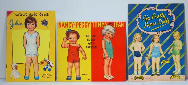 THREE PAPER DOLL BOOKS. Includes: Julie Cutout : THREE PAPER DOLL BOOKS. Includes: Julie Cutout Doll Book by Lowe, five costume pages; "Nancy-Peggy-Tommy and Jean" copyright 1933 by Whitman with four dolls and six pages of costumes; "Six Pretty Pape