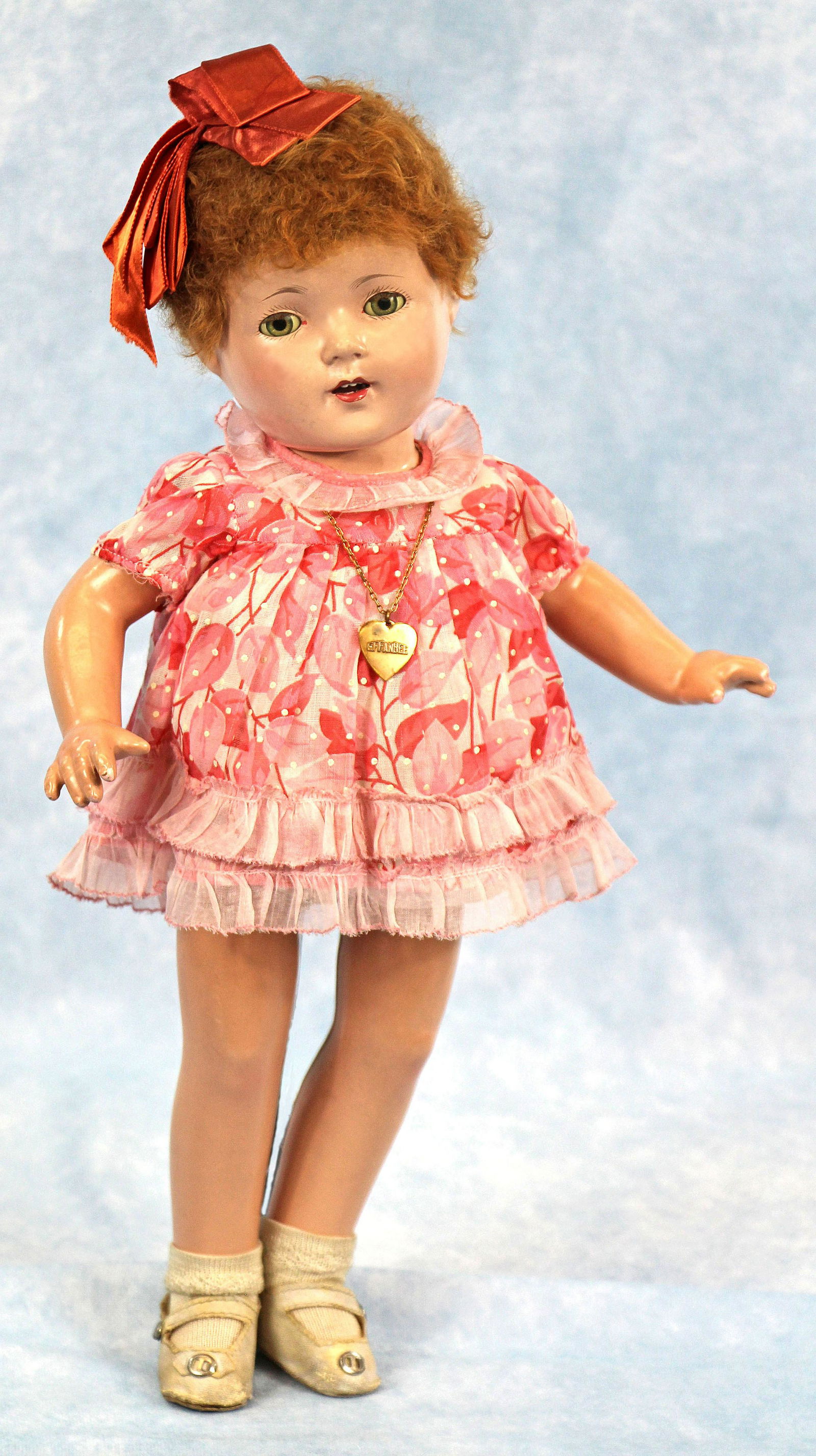 RARE EFFANBEE "MARY LEE" WITH TOUSLED RED HAIR: RARE EFFANBEE "MARY LEE" WITH TOUSLED RED HAIR. 16”. Marks: Mary Lee (head); Effanbee Patsy Joan (torso). Composition socket head on five-piece jointed body, blue sleep eyes, painted and applied las