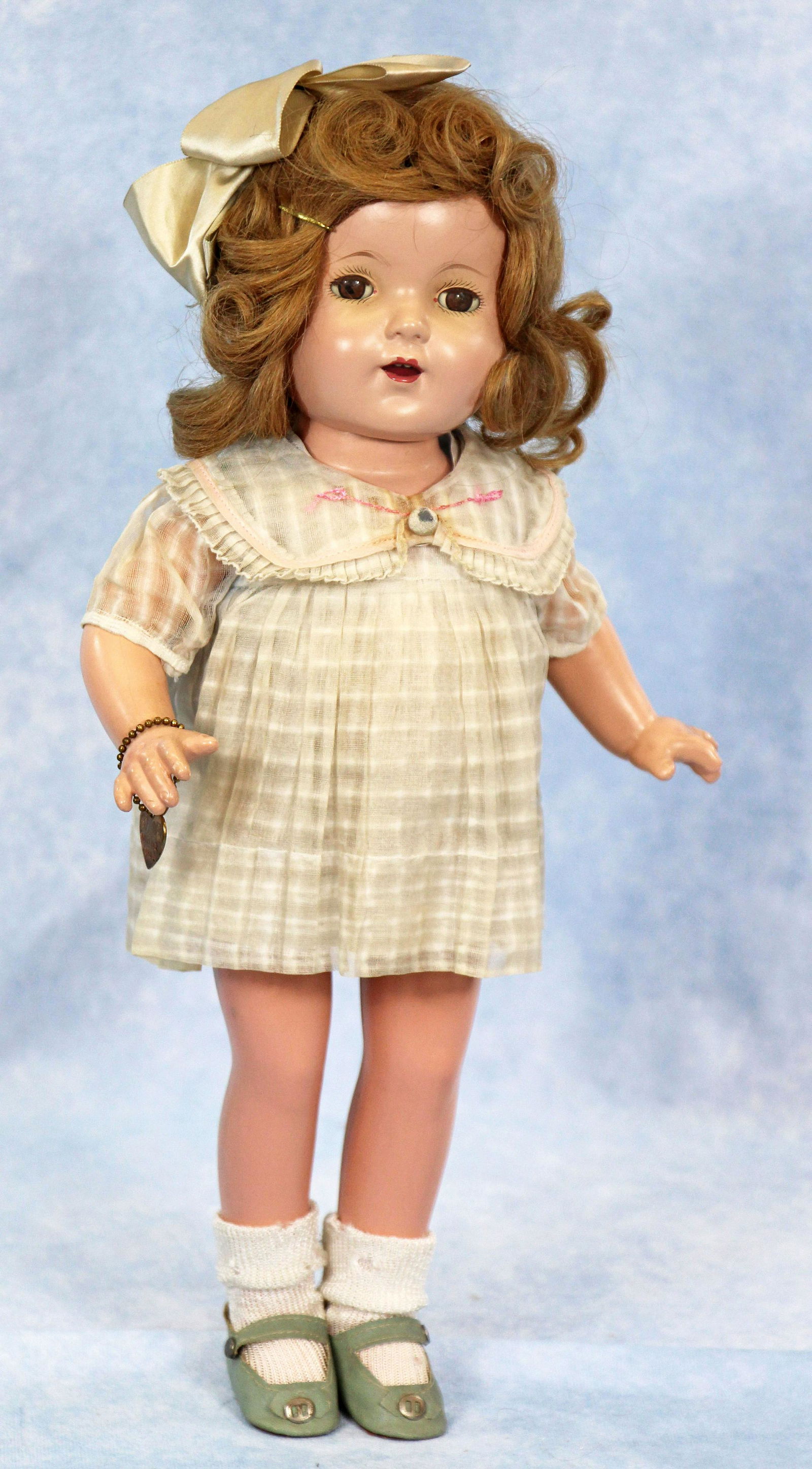 ALL-ORIGINAL "MARY LEE" COMPOSITION DOLL BY EFFANBEE: ALL-ORIGINAL "MARY LEE" COMPOSITION DOLL BY EFFANBEE. 16". Marks: Mary Lee (head); Effanbee Patsy Joan (torso). Composition socket head on five-piece jointed body, brown sleep eyes, painted and applie