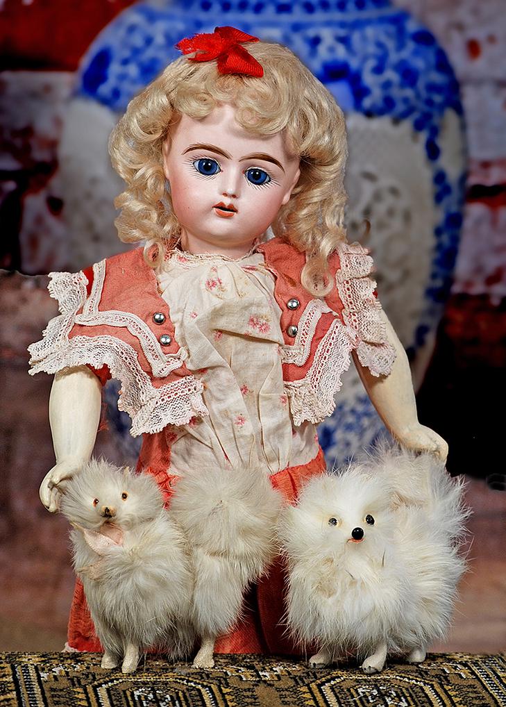95. FRENCH BISQUE BEBE WITH BRU STAMP BY PINTEL &: 95. FRENCH BISQUE BEBE WITH BRU STAMP BY PINTEL & GODCHAUX. 16”. Marks: Bru (stamp); 8 P 7 G (incised). Bisque socket head, large blue paperweight eyes, painted lashes, eyeliner, feathered and a