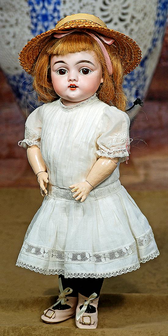 203. GERMAN BISQUE CHARACTER, 143, BY KESTNER.: 203. GERMAN BISQUE CHARACTER, 143, BY KESTNER. 12”. Marks: Made in Germany 143. Bisque socket head, brown sleep eyes, painted lashes, feathered brows, open mouth, accented lips, two upper teeth,