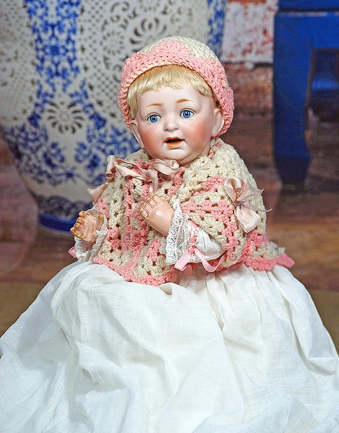 204. KESTNER BISQUE CHARACTER BABY 211. 13”.: 204. KESTNER BISQUE CHARACTER BABY 211. 13”. Marks: made in Germany 211 JDK. Bisque socket head, blue sleep eyes, painted lashes, feathered brows, open mouth, shaded and accented lips, two lower