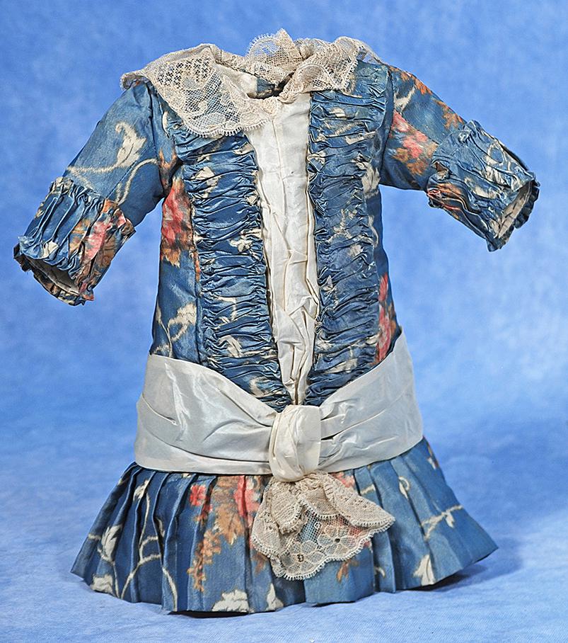 210.  FRENCH-STYLE DOLL DRESS.  Blue/gray printed silk (1 of 1)
