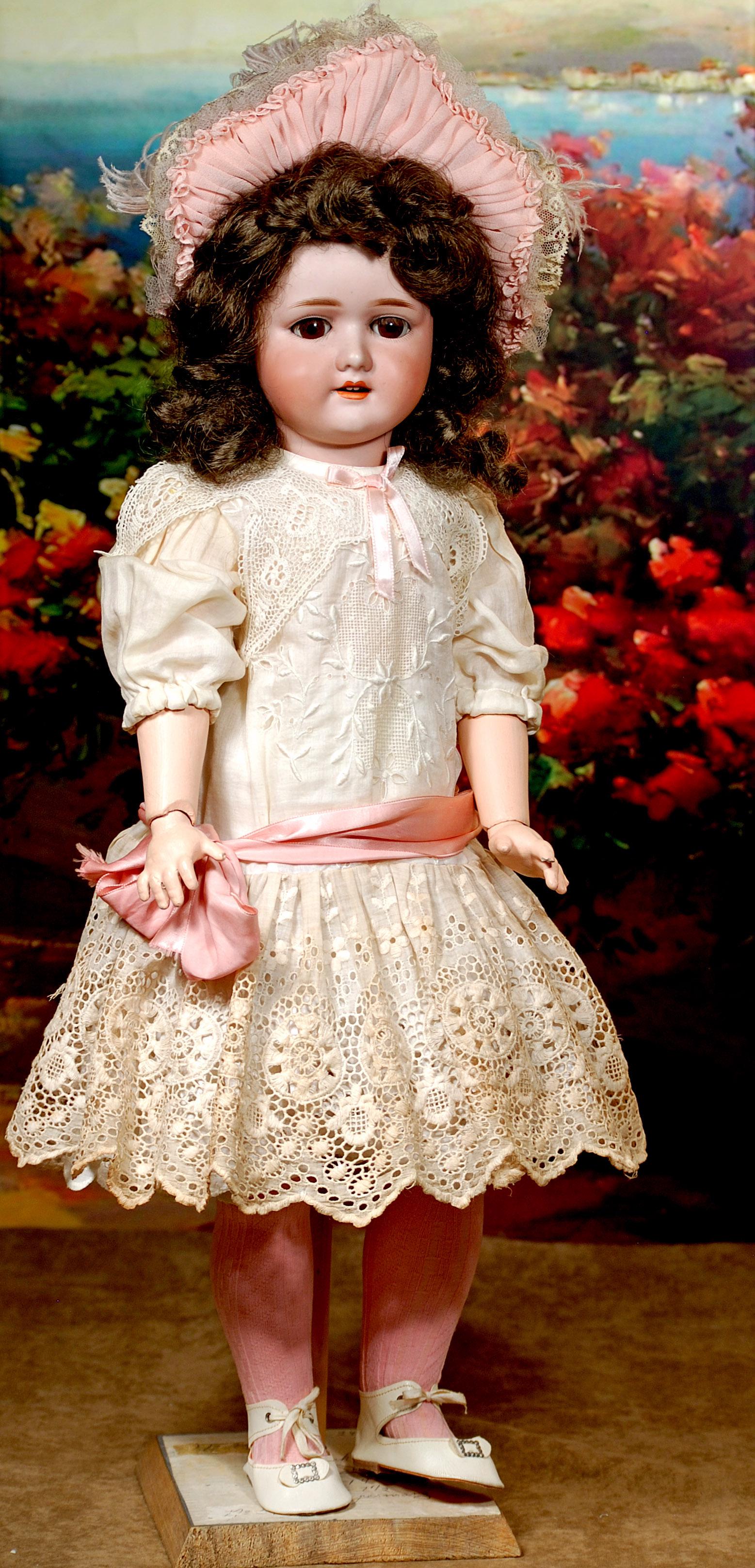 221. GERMAN BISQUE DOLL BY SCHOENAU & HOFFMEISTER.: 221. GERMAN BISQUE DOLL BY SCHOENAU & HOFFMEISTER. 24”. Marks: S PB H/star/1909 7 ½. Bisque socket head, brown sleep eyes, painted and applied lashes, feathered brows, open mouth, accented