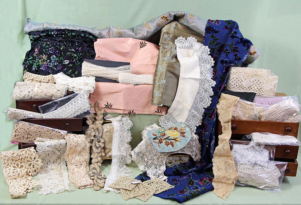 270.  ASSORTMENT OF EMBOSSED FABRIC, LACE, AND RIBBON. (1 of 2)