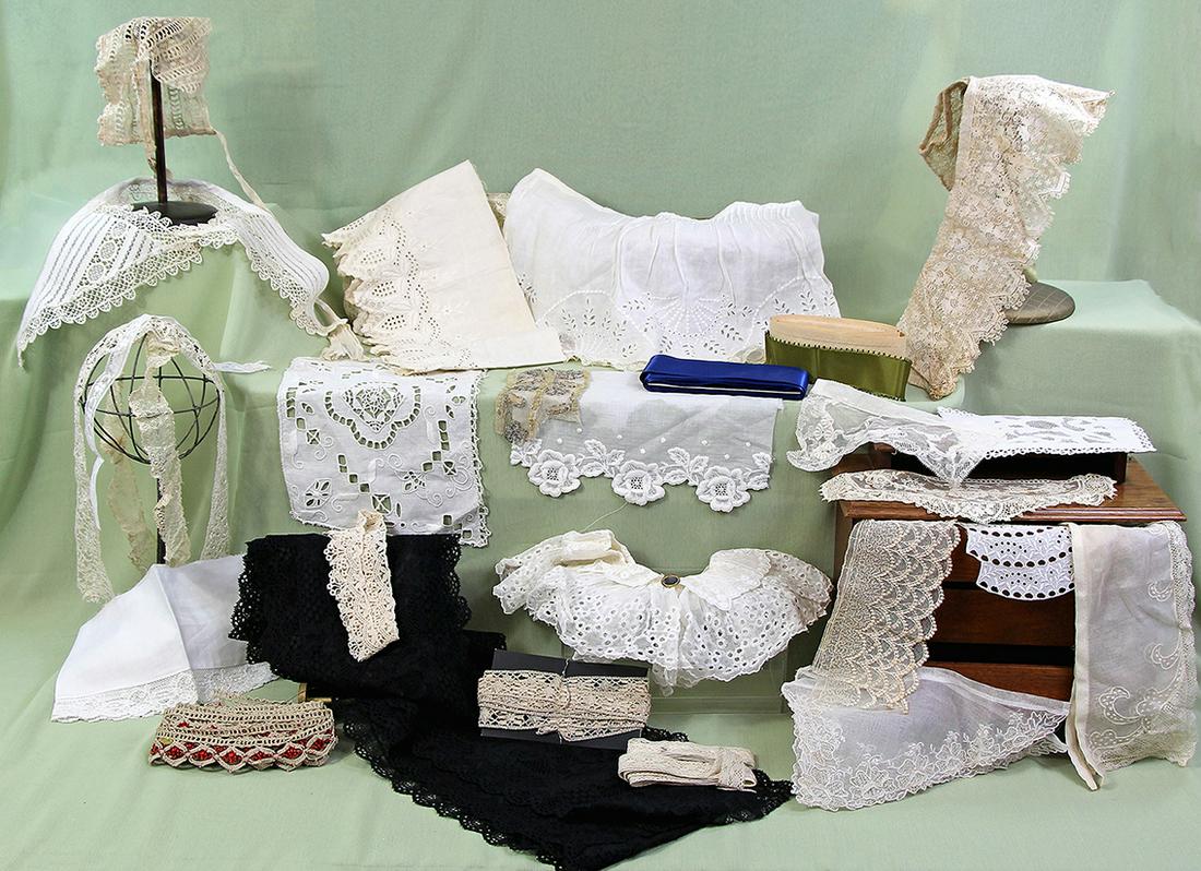 271. BEAUTIFUL ASSORTMENT OF FABRIC, TRIM, AND LACE.: 271. BEAUTIFUL ASSORTMENT OF FABRIC, TRIM, AND LACE. Mostly antique and vintage fabric and lace of various colors, sizes, and styles, including taffeta, sateen, velvet, vintage and embossed cotton, qu