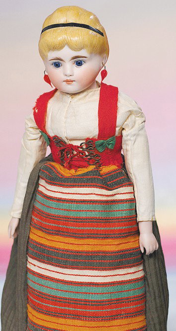 GERMAN BISQUE PARIAN-TYPE DOLL WITH BLONDE HAIR A: GERMAN BISQUE PARIAN-TYPE DOLL WITH BLONDE HAIR AND BLACK HEADBAND. Marks: 3. 14½".Bisque shoulderhead with molded short blonde hair and bangs, black headband, inset blue glass eyes, painted lashes, 