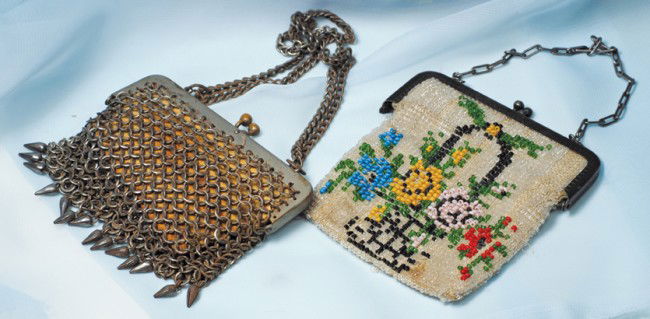 TWO ANTIQUE PURSES. 4" W. x 3 ½" H. silver mesh pu: TWO ANTIQUE PURSES. 4" W. x 3 ½" H. silver mesh purse with metal frame and clasp, kid leather lining, double-chain handle; 3 ¾" W. x 4 ¼" H. beaded purse with multi-color beaded design, metal frame