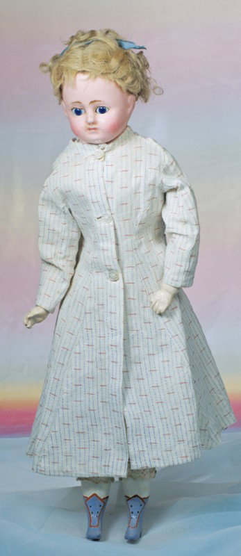 WAX-OVER-PAPIER MACHE DOLL WITH WIG. 18 ½". Wax-: WAX-OVER-PAPIER MACHE DOLL WITH WIG. 18 ½". Wax-over-papier mache shoulderhead with inset cobalt blue glass eyes, tapered brows, closed mouth, rose-blushed cheeks, original blonde mohair wig in origi