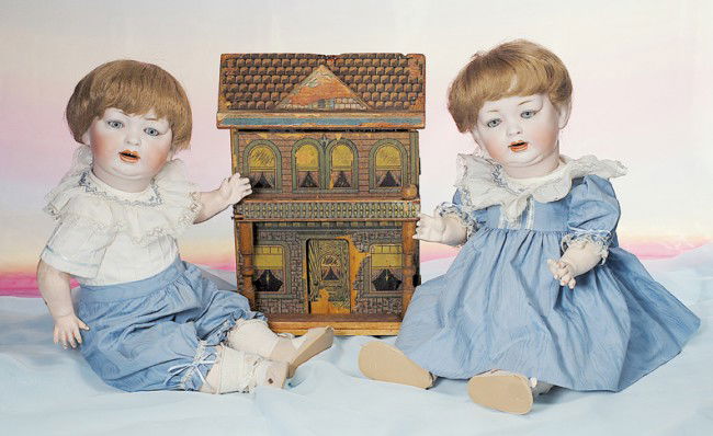 GERMAN BISQUE TWIN CHARACTER BABIES BY LOUIS WOLF: GERMAN BISQUE TWIN CHARACTER BABIES BY LOUIS WOLF & CO. Marks: L W & C. 152/11. 19". Each has bisque socket head, blue/gray glass sleep eyes, painted curly lashes, feathered and wavy brows, deep dimpl