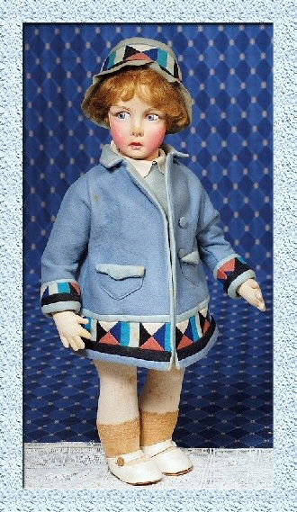 ALL-ORIGINAL EARLY 19" LENCI.: EARLY LENCI FELT CHARACTER DOLL - ALL-ORIGINAL. 19". Felt swivel head with mask pressed and painted facial features, blue side-glancing eyes, painted thick upper lashes over rose-blushed eyelids, clos