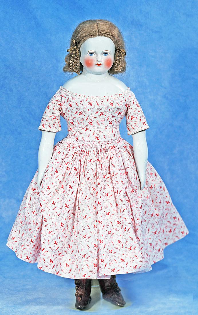 BEAUTIFUL PORCELAIN LADY WITH WIG BY CONTA AND BOEHME: 1. BEAUTIFUL PORCELAIN LADY WITH WIG BY CONTA AND BOEHME. 21”. Solid-domed porcelain shoulder head, youthful rounded face, painted features, shaded blue eyes, pink and black eyeliner, tapered br