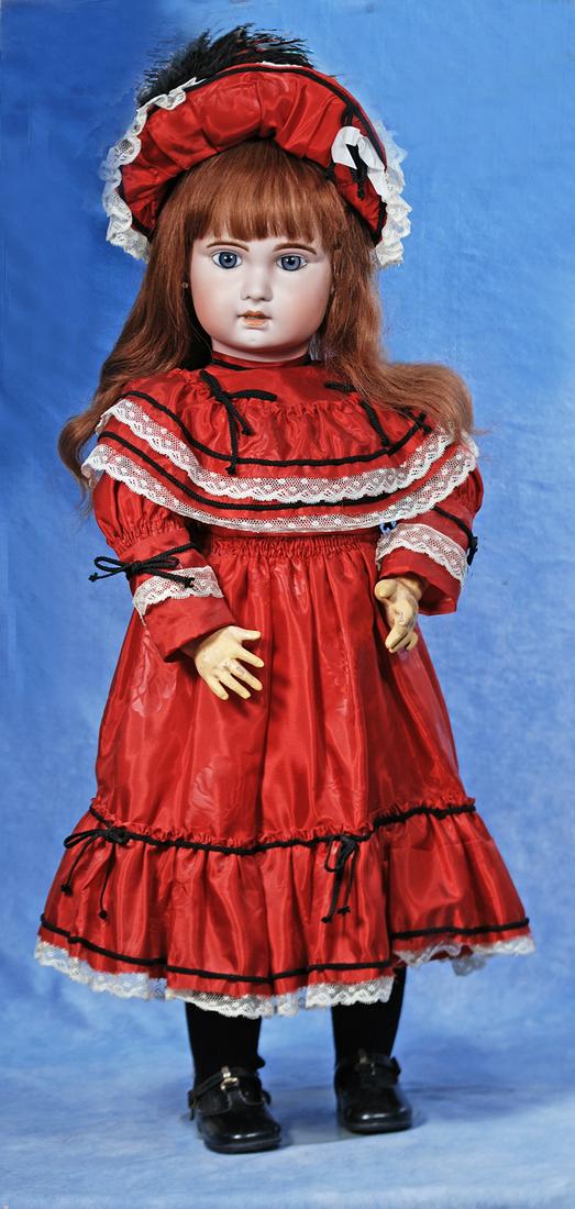 LOVELY, LARGE 1907 FRENCH BISQUE BEBE BY JUMEAU: 57. LOVELY, LARGE 1907 FRENCH BISQUE BEBE BY JUMEAU. 32”. Marks: 1907. Bisque socket head, blue paperweight eyes, painted lashes, feathered and brushstroked brows, pierced ears, open mouth, shad
