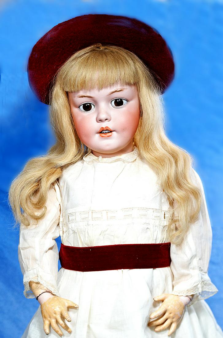 OUTSTANDING, LARGE SIMON & HALBIG 1279 CHARACTER CHILD: 60. OUTSTANDING, LARGE SIMON & HALBIG 1279 CHARACTER CHILD. 34”. Marks: S & H 1279 DEP Germany 15. Bisque socket head, brown glass sleep eyes, dark eyeliner, painted curly lashes, brushstroked b
