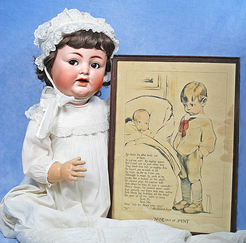GRAND, 30-INCH, FLIRTY-EYED KAMMER AND REINHARDT BISQUE CHARACTER BABY: 144. GRAND, 30-INCH, FLIRTY-EYED KAMMER AND REINHARDT BISQUE CHARACTER BABY. 30”. Marks: K*R, Simon & Halbig 126/ 72. Bisque socket head, round plump face, fat cheeks, brown flirty and sleep eye