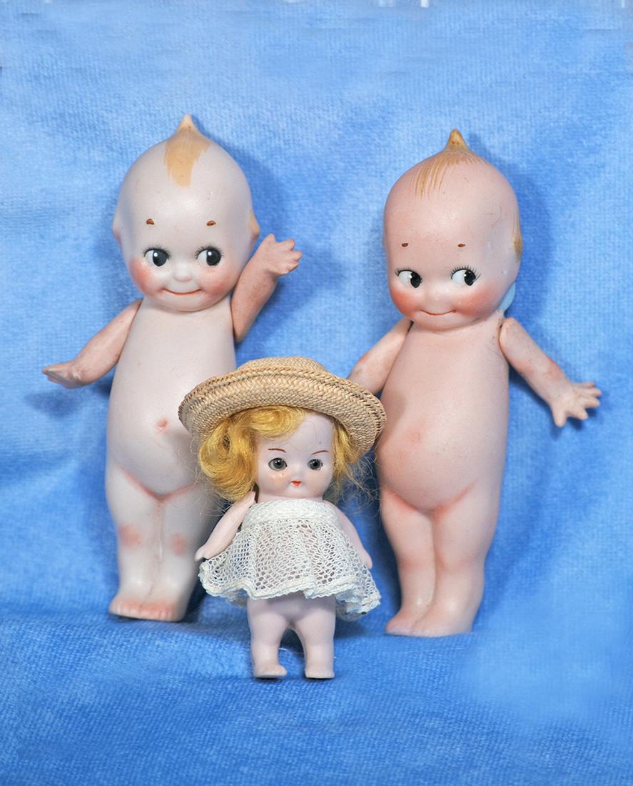 TWO GERMAN ALL-BISQUE KEWPIES & MINIATURE ALL-BISQUE CHARACTER DOLL (1 of 1)