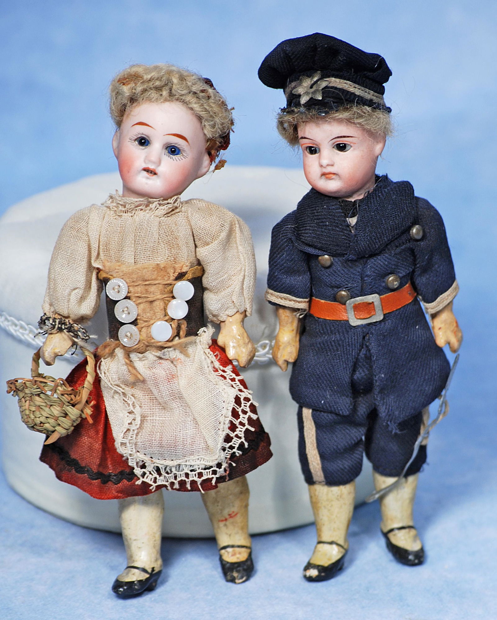 PAIR OF TINY GERMAN BISQUE DOLLS IN ORIGINAL COSTUME (1 of 1)