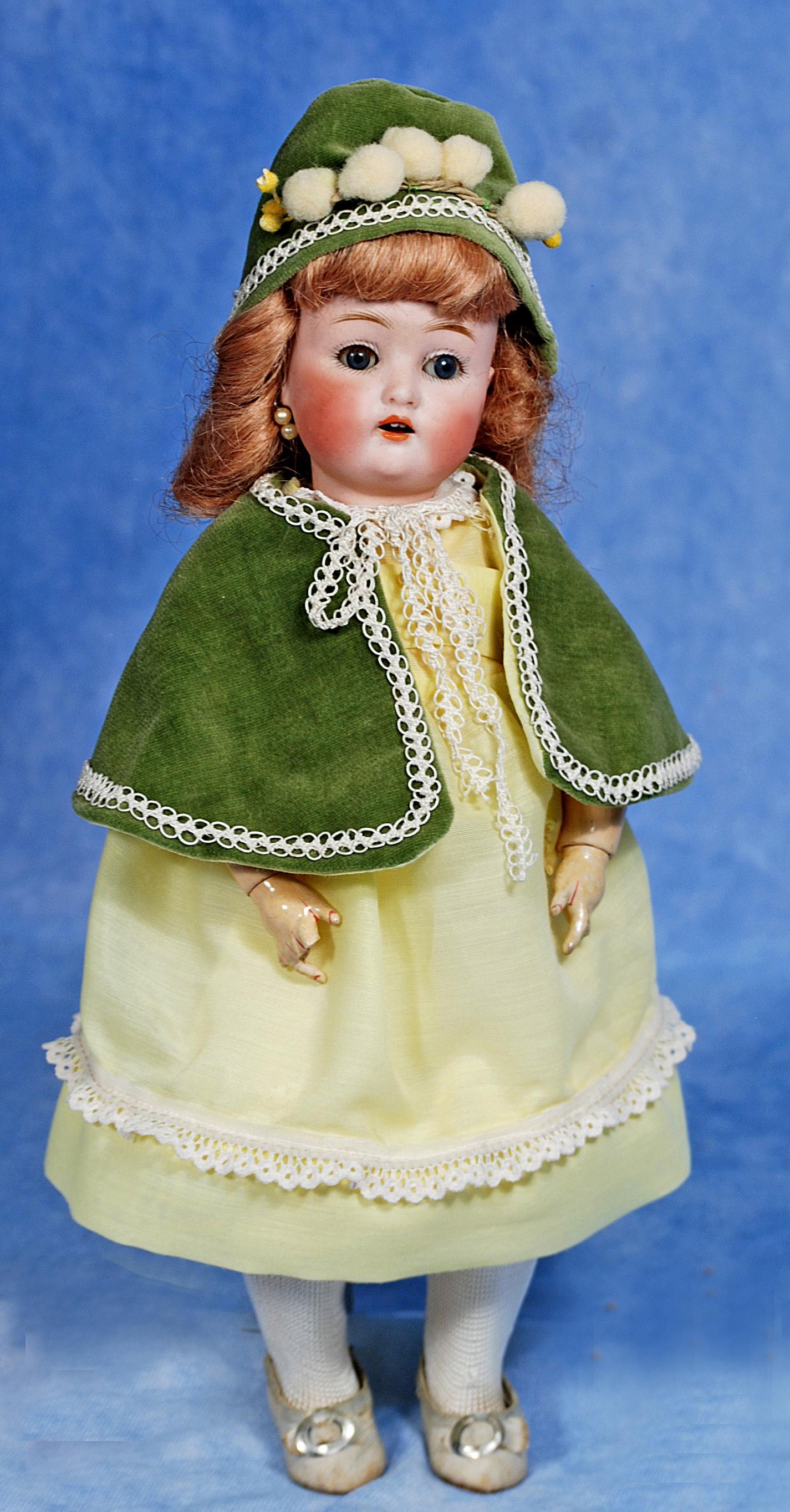 GERMAN BISQUE DOLL BY KESTNER FOR CATTEFELDER PUPPENFABRIK: GERMAN BISQUE DOLL BY KESTNER FOR CATTEFELDER PUPPENFABRIK. Marks: 264. 12”. Bisque socket head, blue sleep eyes, painted and applied lashes, feathered brows, open mouth, two upper teeth, synthe