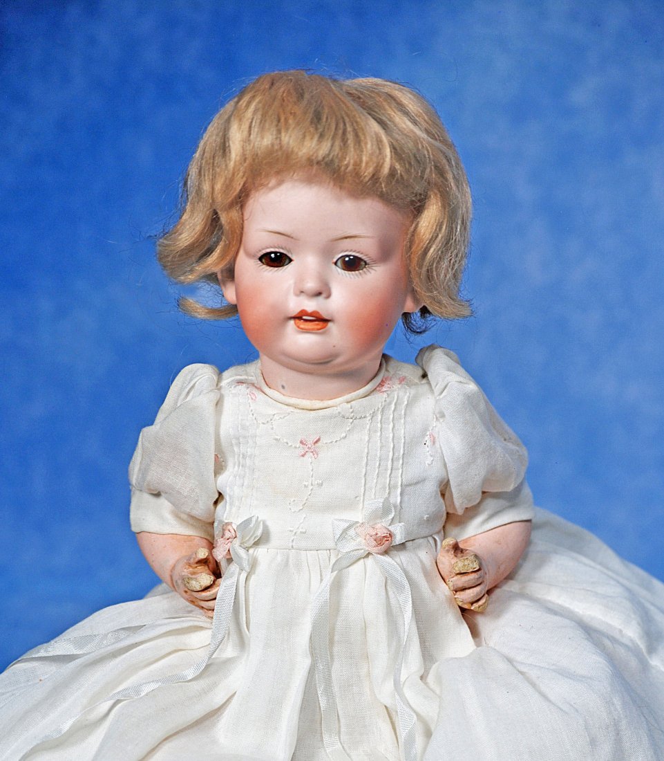 BAHR AND PROSCHILD BISQUE CHARACTER BABY.: GERMAN BISQUE CHARACTER BABY BY BAHR AND PROSCHILD. Marks: 604. Bisque socket head, brown sleep eyes, painted lashes, feathered brows, open/closed mouth with two sculpted upper teeth, accented lips, b