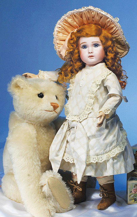 EXCEPTIONALLY LOVELY "FIGURE A" FRENCH BISQUE STEI: Marks: Steiner Paris Fire A-15. 22". Bisque socket head, blue paperweight eyes, painted lashes, multi-stroked brows, pierced ears, closed mouth, shaded and accented soft pink lips, auburn mohair wig o