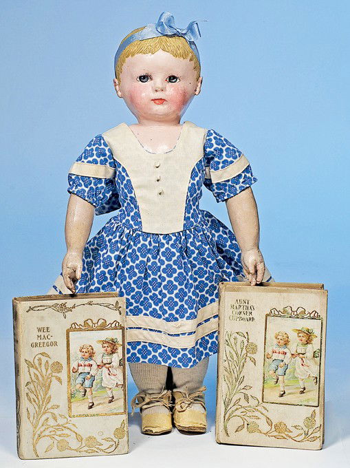 AMERICAN CLOTH DOLL BY MARTHA CHASE: 17". Cloth doll with stockinette pressed and oil-painted shoulderhead, applied ears, painted and brushstroked blonde hair, painted features, shaded blue eyes, brown lashes, closed mouth, cloth body wi