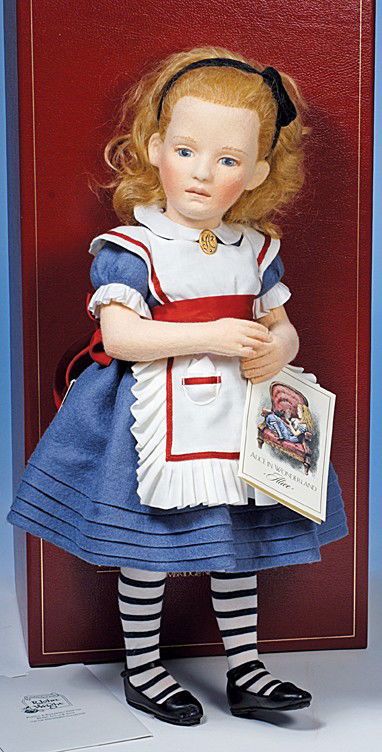 R. JOHN WRIGHT "ALICE IN WONDERLAND": 17". Pressed felt facial features with portrait face, painted blue eyes, brown lashes and brows, soft rose-pink lips, hand-rooted mohair wig, Victorian dress of blue felt with white cotton pinafore, r