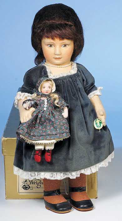 R. JOHN WRIGHT "RACHEL-SUNDAY BEST" EXCLUSIVE MODE: 18". Pressed felt facial features, brown eyes with upper painted lashes, solemn expression, brunette mohair wig with bangs, jointed arms and legs. Wearing velvet dress with lace edging, organdy pettic