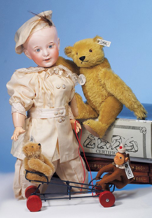 TWO STEIFF MUSEUM COLLECTION REPLICAS: Includes: 12" L. Teddy Bear and Monkey Wig Wag 1924 Replica featuring miniature mohair bear and felt monkey. Introduced in 1992. LE 00665 of 4,000, Steiff # 400872; 12" blonde mohair Somersault Teddy 