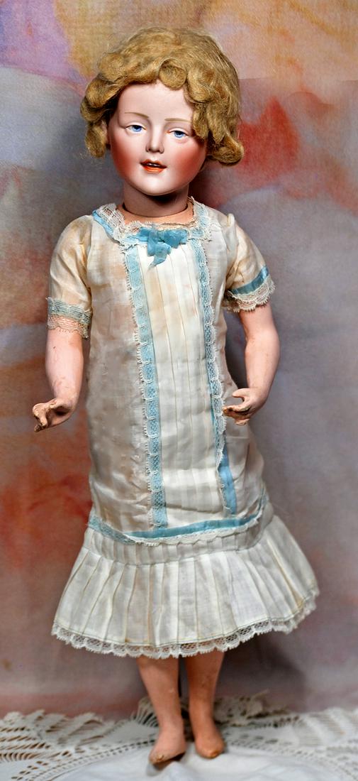 EXCEEDINGLY RARE BISQUE PORTRAIT DOLL BY FRITZ BIERSCHENICK: 9. EXCEEDINGLY RARE BISQUE PORTRAIT DOLL BY FRITZ BIERSCHENICK. 19”. Marks: F. B. 616. Bisque socket head with unique facial modeling, strong chin and slender throat, blue intaglio eyes with bla