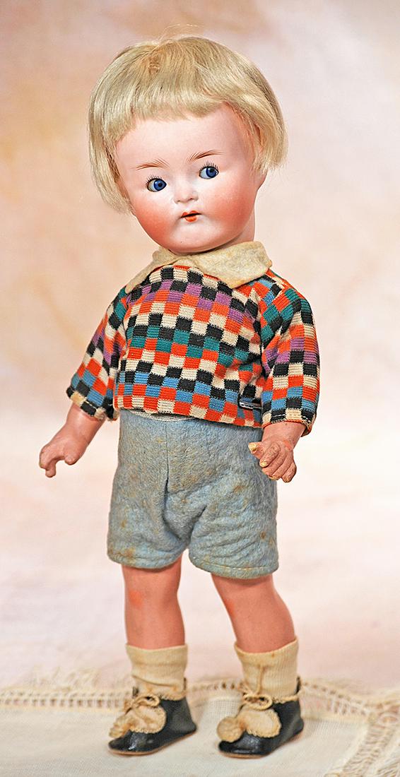 VERY RARE AND ADORABLE GOOGLY-EYED CHARACTER: 99. VERY RARE AND ADORABLE GOOGLY-EYED CHARACTER. 417, BY ERNST HEUBACH. 12”. Marks: Heubach Kopplesdorf 417 10/0 Germany. Bisque socket head, blue sleep and side-glancing blue eyes, painted las